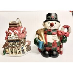 Vintage Ceramic Christmas Snowman And Hotel Can Be Lit Up 7" Candy Cane Holiday